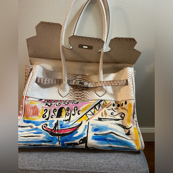 LeSolim vintage snakeskin leather gondolier Venice Italy large tote shoulder bag - Picture 5 of 12